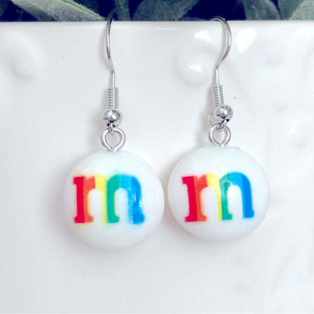 New M&Ms Candy Dangle Drop Earrings Rainbow Cartoon Character Fun Cute Gift